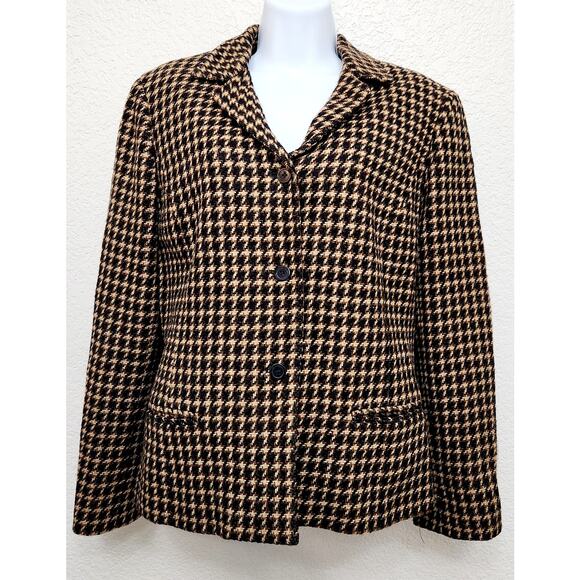 VTG Liz Claiborne Brown Tan Hounds Tooth Lined Blazer 14 Petite Lightweight - Picture 1 of 7